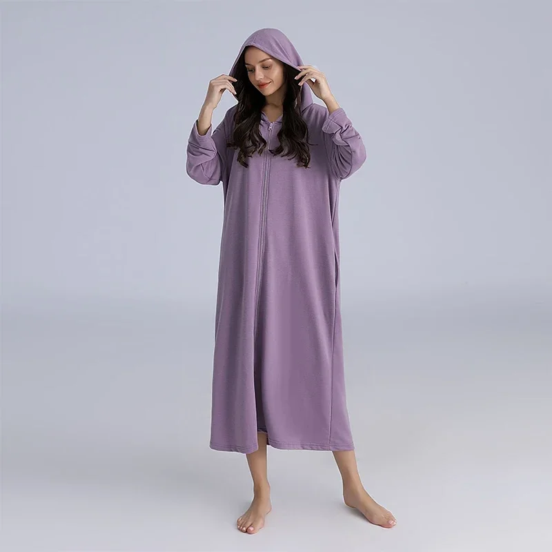 Hooded Women's Bathrobe Solid Zipper Autumn Winter Couple Dressing Gown Long Sleeve Loose Long Bath Robe For Female 2024