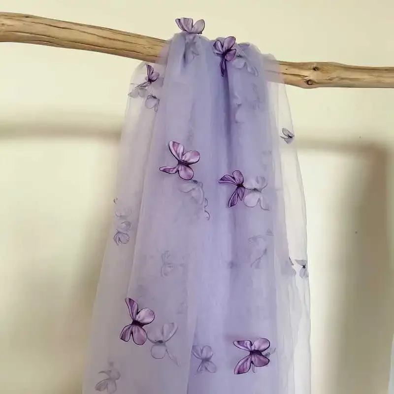 

3D butterfly embroidered lace fabric for DIY children clothing dress curtain handmade net gauze fabric with ring shaped design