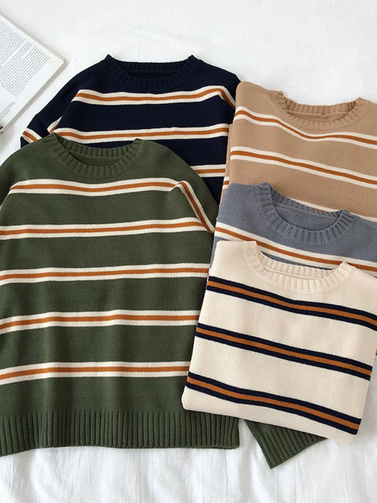 Vintage Stripe Sweaters Women Loose Oversize Korean Style Pullover Top Autumn Winter Long Sleeve  Knitted Sweater Femme 2020