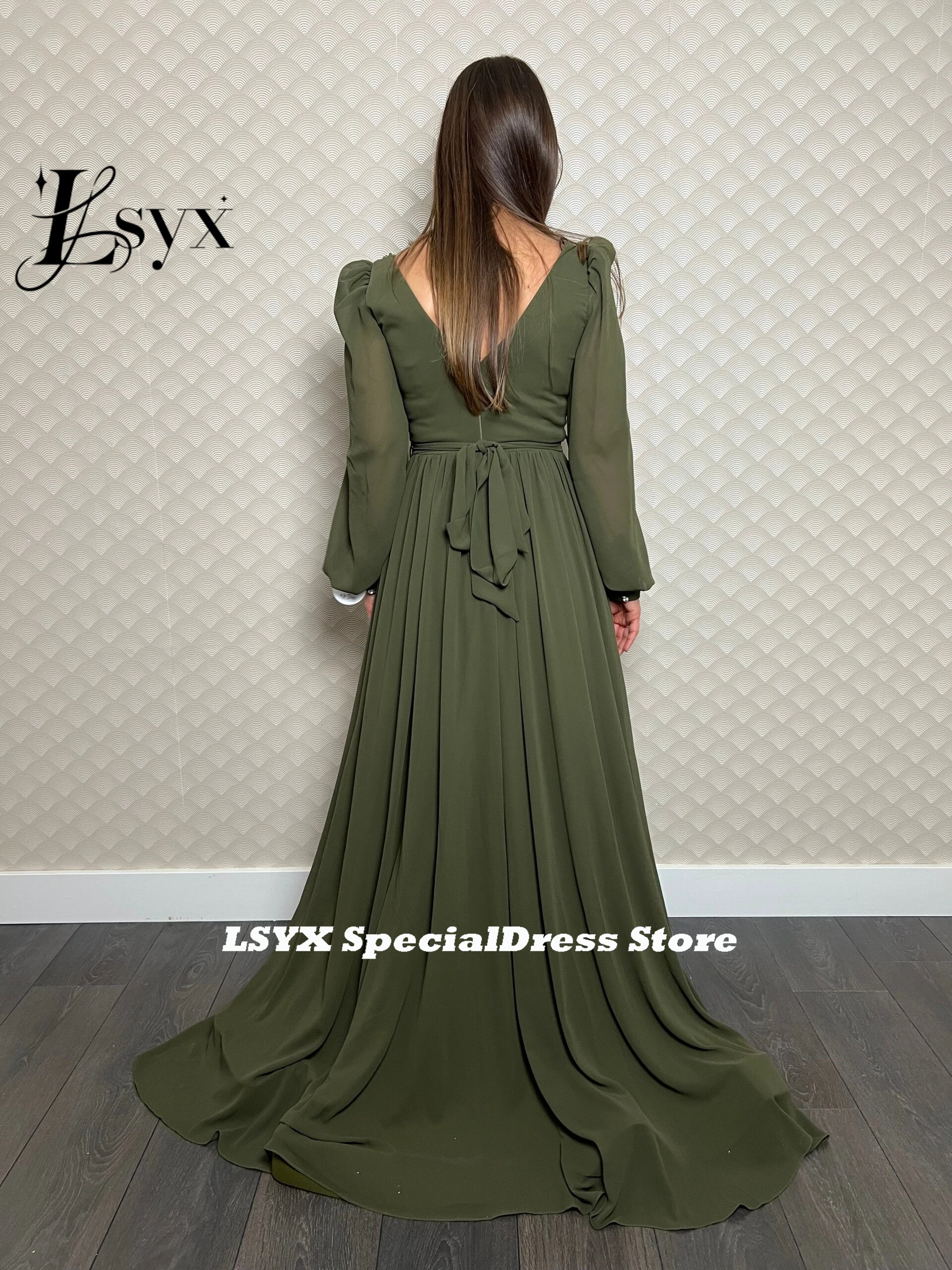 LSYX-Sexy Longo Puff mangas vestidos de noite, simples V-Neck, Lace Up, andar de comprimento, vestidos de festa formais