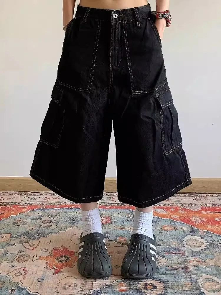 

American Retro Denim Seven-Foot Pants Women's High Street Loose Drapey Wide Leg Workwear Trousers with Big kets Casual Sle
