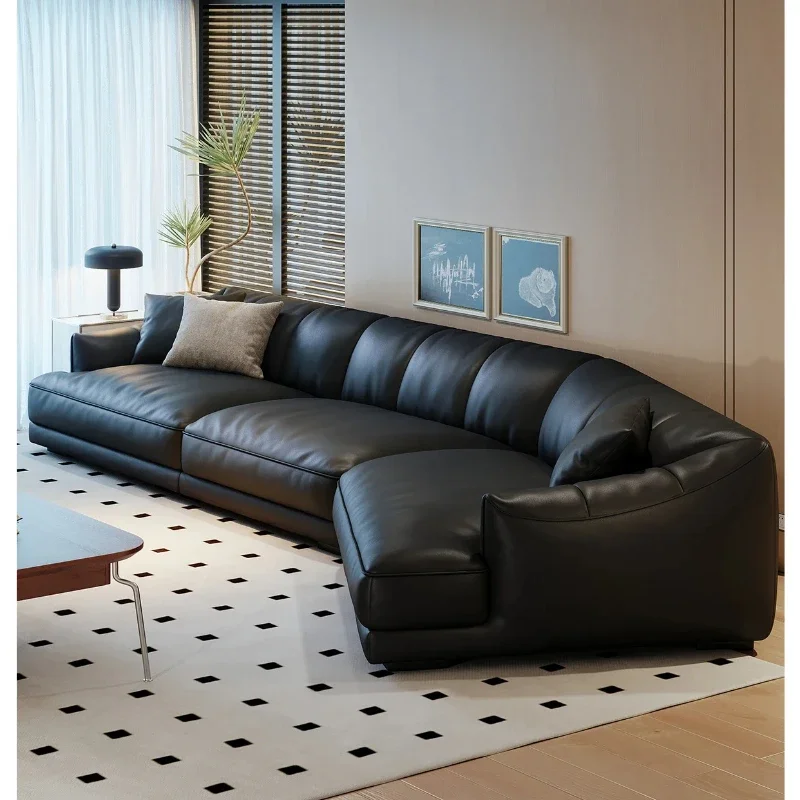 

Leather sofa Italian minimalist living room simple black household small apartment straight-row sofa