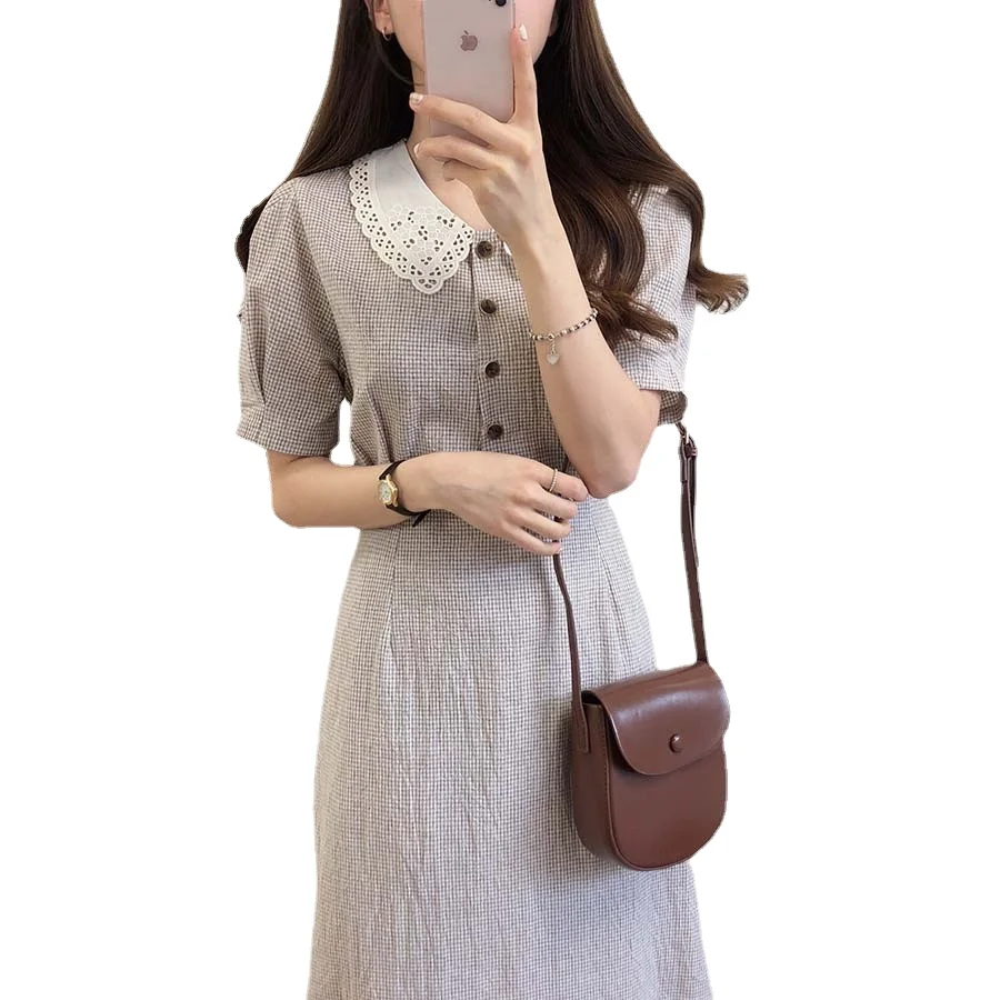 Vintage Dresses Hot Sales Woman Summer Cute Sweet Japan Korea Preppy Style Peter Pan Collar Cotton Button Shirt Dress Retro 6918