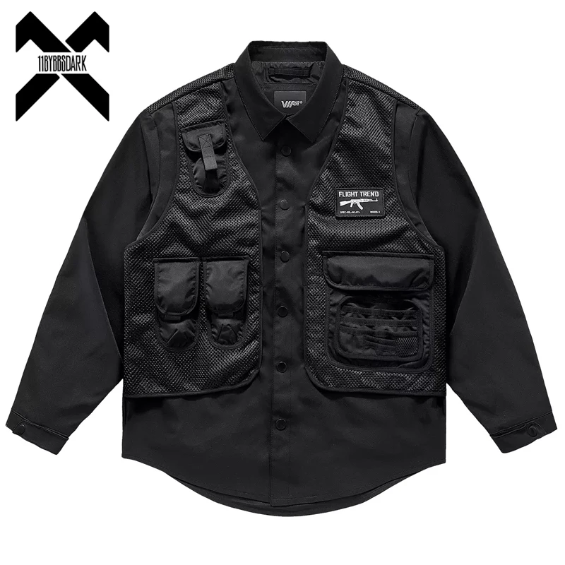 2024 Long Sleeve Tactical Shirts Coat for Men Hip Hop Function Fake two Shirt Men Harajuku Shirts Black Tops Clothing Techwear