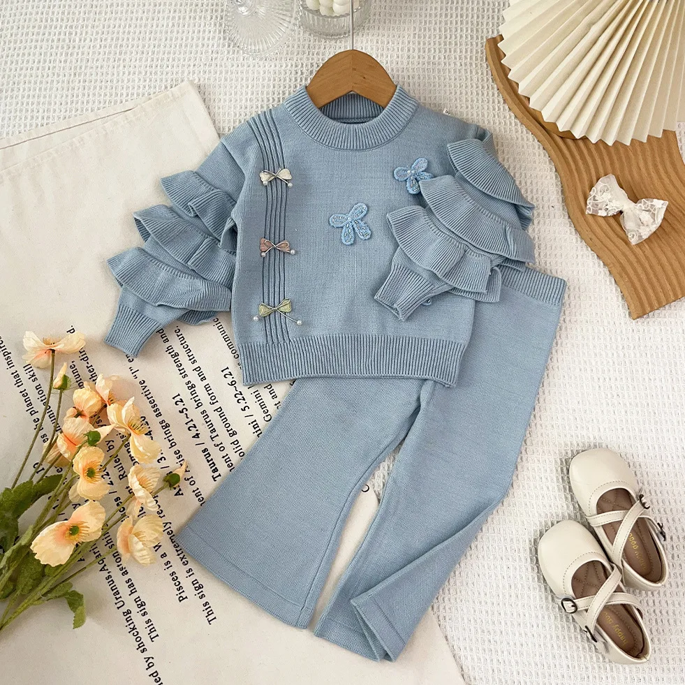 Girls' Sweater Set Autumn Winter New Small Bow Lotus Leaf Sleeve Knitted Top Pants Two Piece Set Children's Clothing
