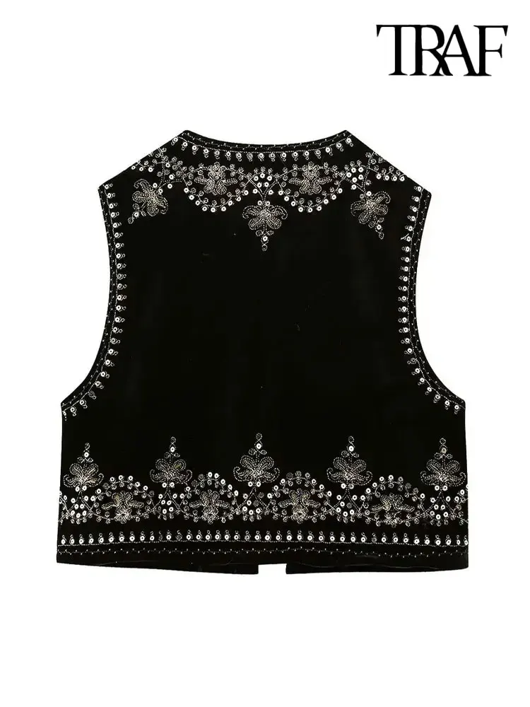 TRAF Women Fashion With Sequin Floral Embroidery Crop Waistcoat Vintage O Neck Sleeveless Female Outerwear Chic Vest Tops