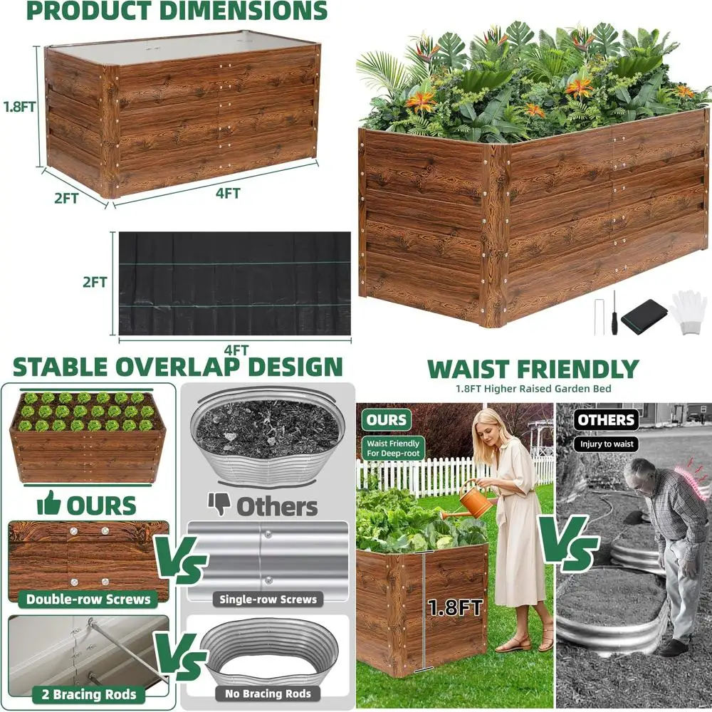 

Металлическая садовая кровать размером 4x2x1,8 футов для улицы с тканевым барьером для сорняков — идеально подходит для глубоких корней овощей, цветов, трав и фруктов