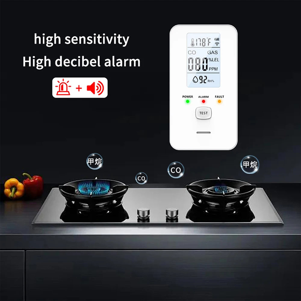 GC03 Carbon Monoxide Detector 4-in-1 LCD Temperature humidity Tester Home CO Smoke Gas Leak Detector EU plug with alarm sound
