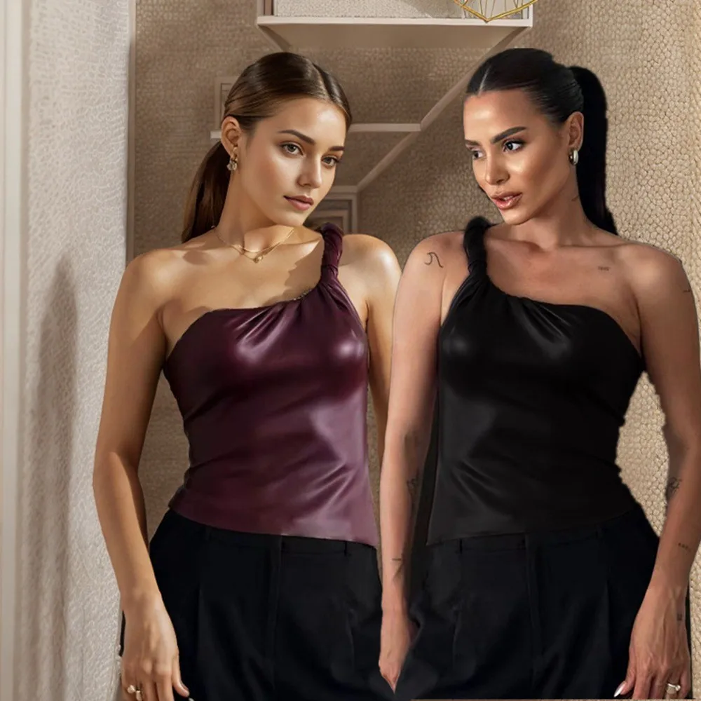 

Ele Pure Color Svel Vest Sexy Twist Strap Single oulder Leather Top Slim Fit Diagonal Collar Nightclub Wear for W...