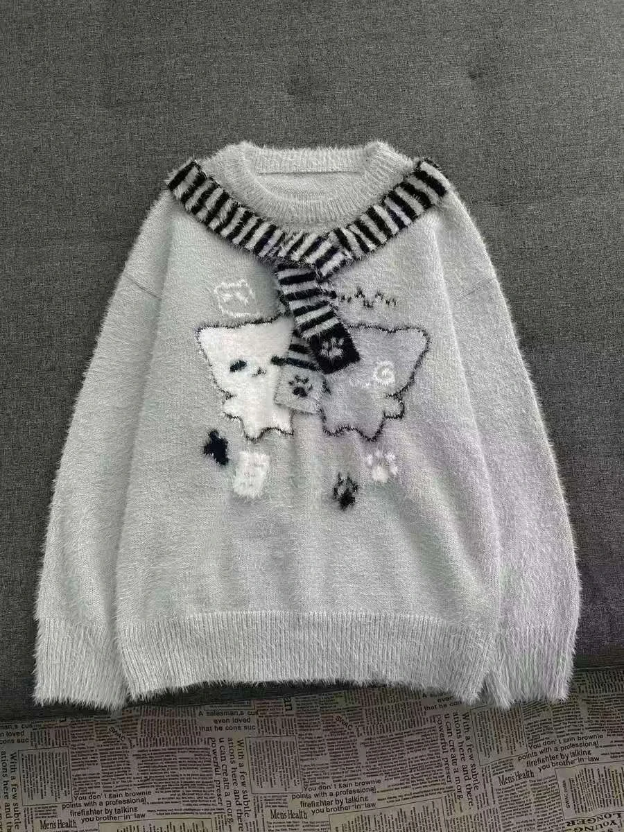 Y2K Subculture Pullovers Long Sleeve Sweaters Women Plush Cat Print Striped Sweet Cool Style Autumn Spring Harajuku Casual Tees