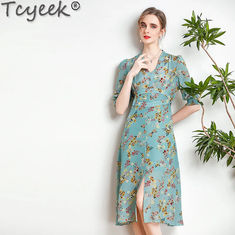 Tcyeek 100% Mulberry Silk Dresses Summer Women's Dress Long Dress Elegant Dresses for Women 2024 High Waist Split Dress Printing