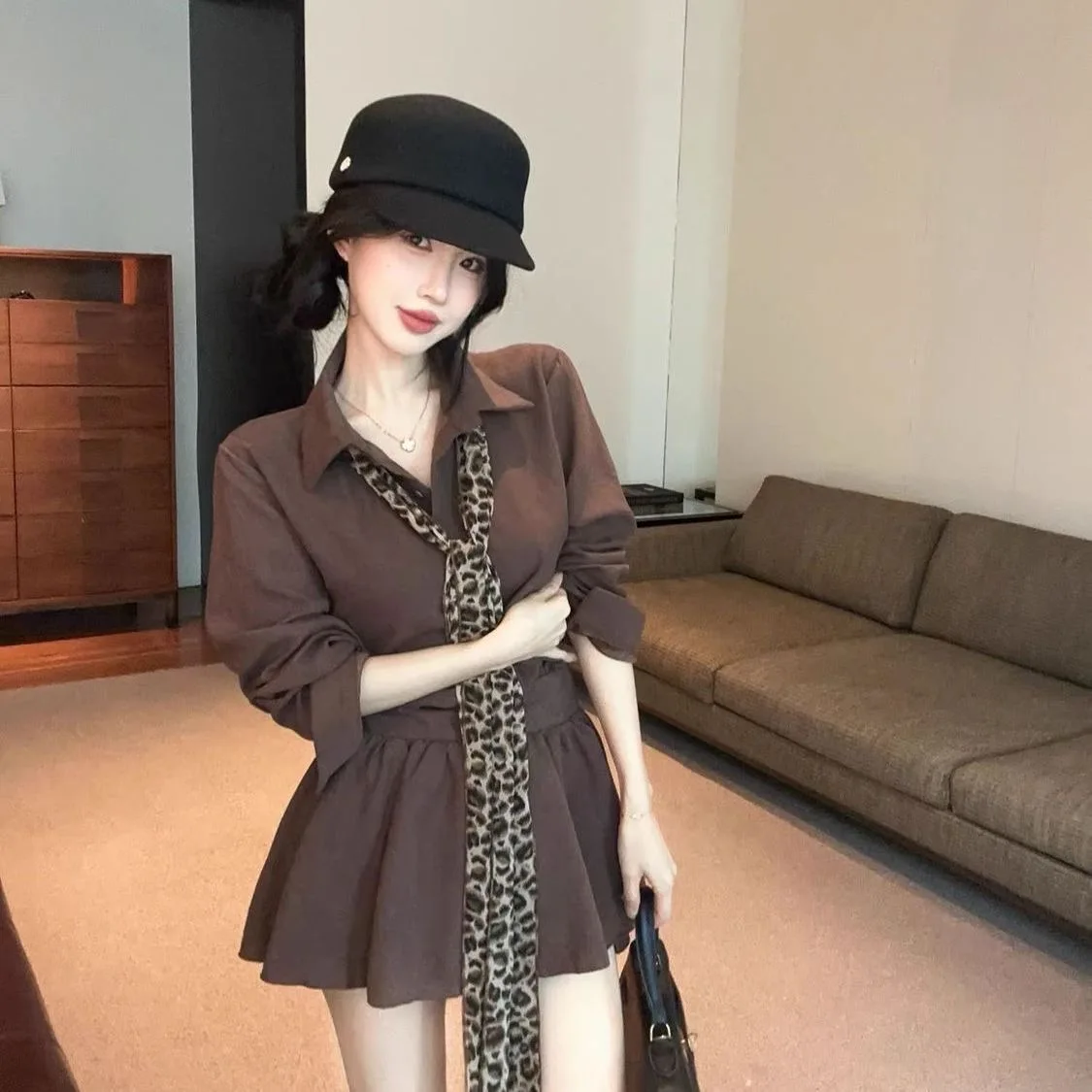 

Caramel Long Sve Collar Dr Women's Waist Cinched ort Skirt Leopard Print Sa Autumn Faionable Commute Sle