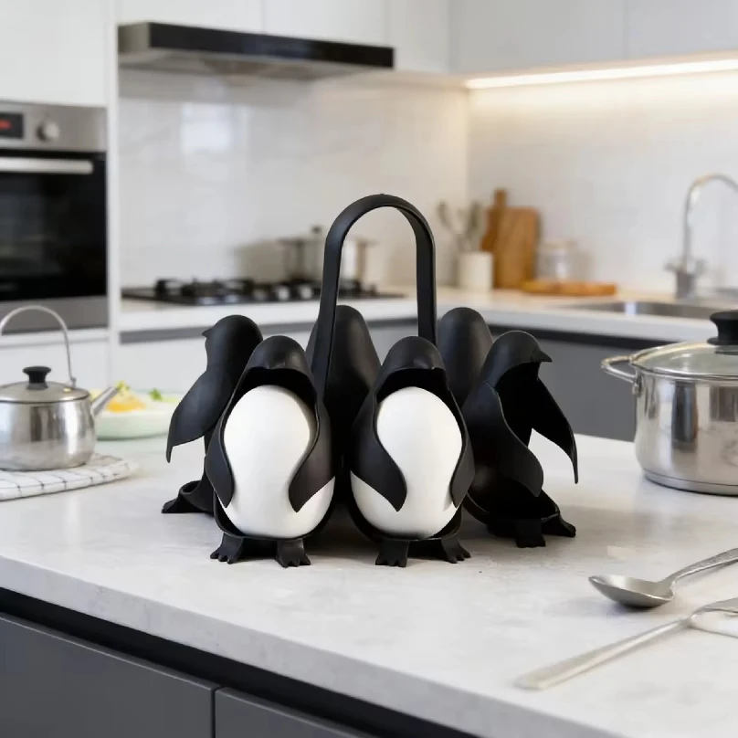 Cocedor de Huevos con Diseño de Pingüino – Olla de 6 Compartimentos con Asa, Higiénico y Fácil de Usar, Divertido Gadget