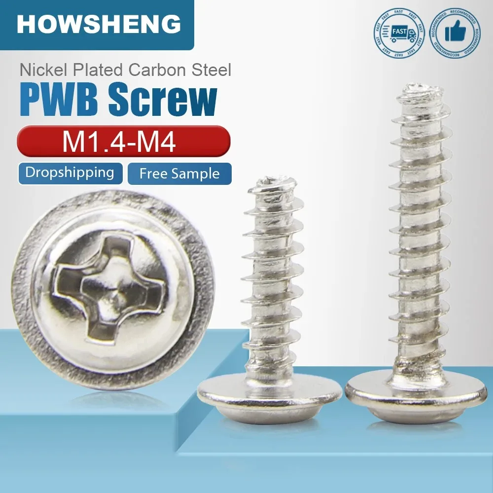 HOWSHENG 40-100pcs/bag Cross Pan Head Flat Tail Self Tapping Screws with Washer Nickel Plated Phillips PCB PWB Fasteners M1.4-M4