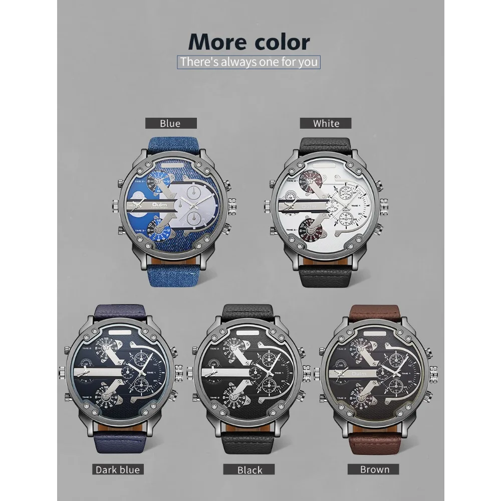 Oulm Brand New Famous Designer Mens Watches Tual Time Zone Quartz Watch Big Dial Military Quartz Wristwatch Relogio Masculino