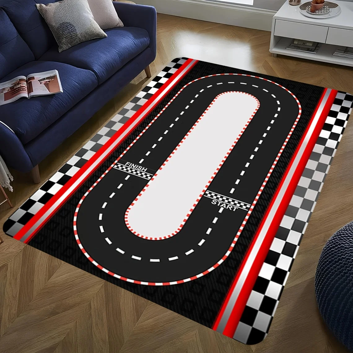 1pc 2D Flat Race Track Checkered Flag Start Finish Flannel Area Rug Non Slip Car Racing Carpet For Kids Room Playroom Floor