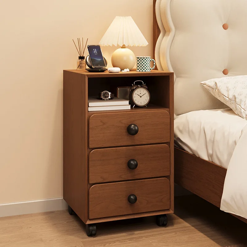 

Mobile bedside table Home bedroom Creative small black shelf with wheels Solid wood bedside cabinet Apartment furniture