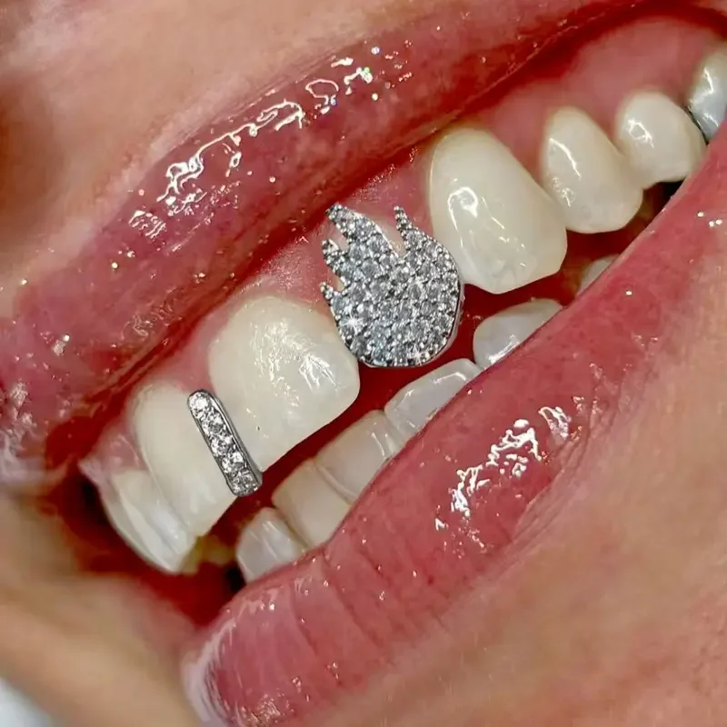 2Pcs Hip Hop Grillz-Copper Base with Sparkling Synthetic Zirconia Stones, Full Coverage Unisex Jewelry for Cool Gift for Rappers