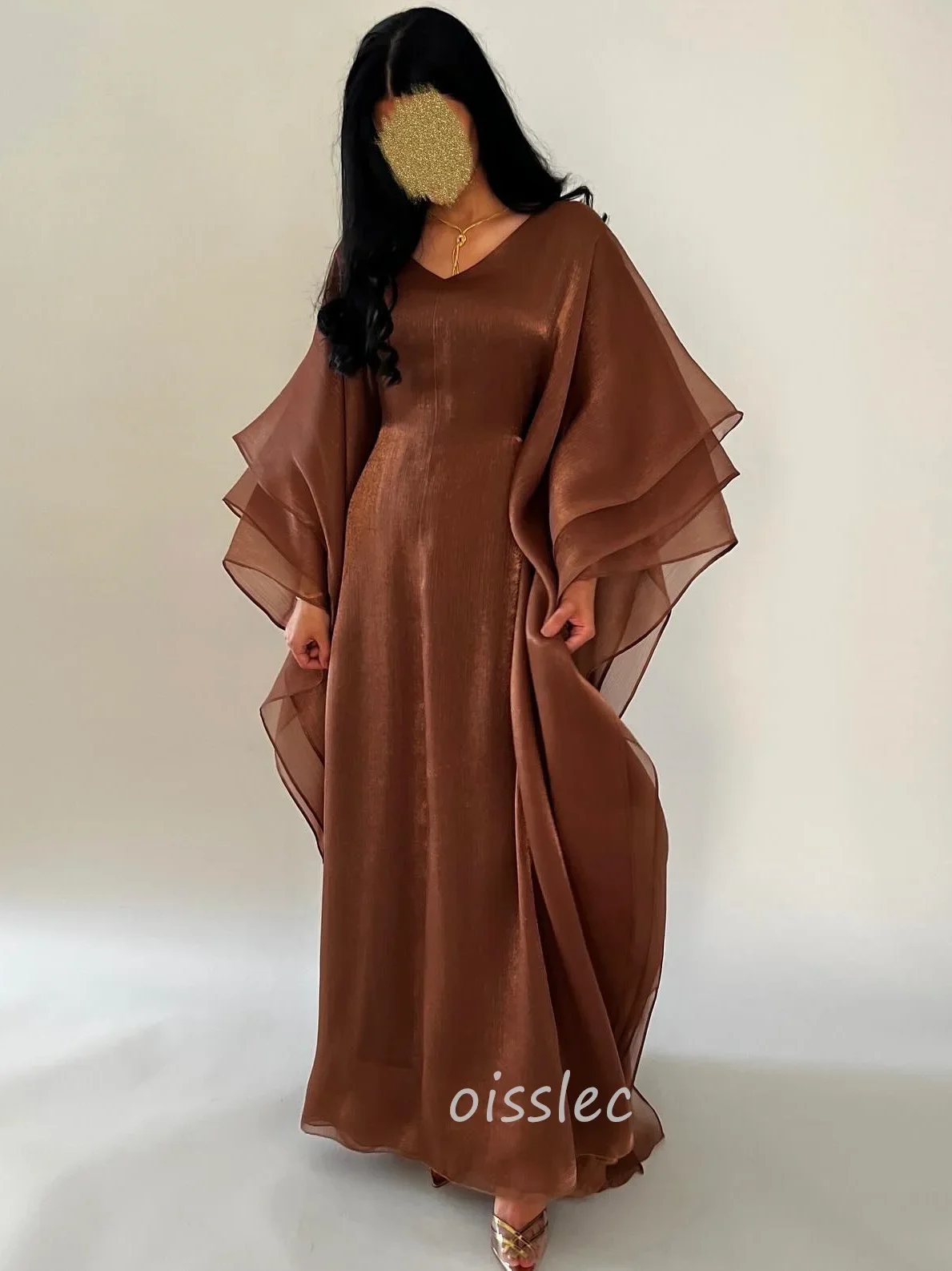 Oisslec Simple Evening Dress Brown Long Sleeves Ruffled Formal Occasion Gown Prom Dress For Ramadan 2024 vestidos de noche