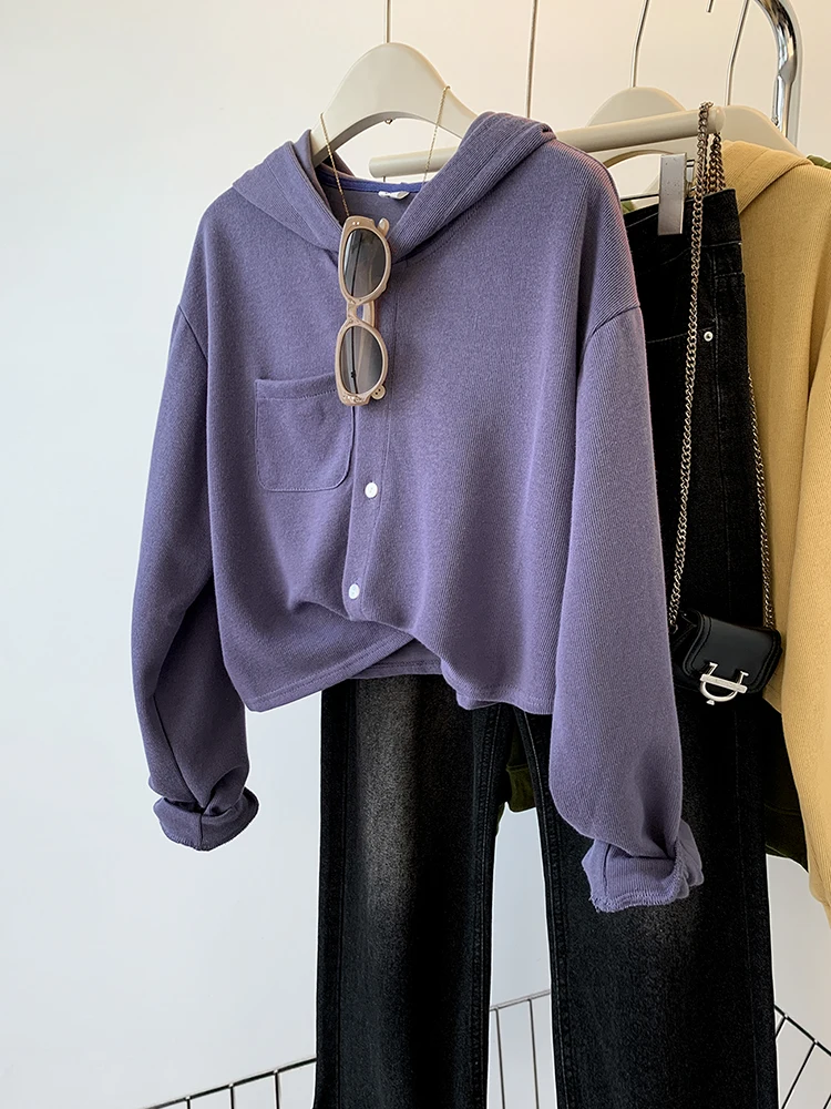 Cárdigan con capucha para mujer, ropa de calle coreana, Tops cortos de un solo pecho, abrigo de manga larga de Color sólido, otoño e invierno, nuevo