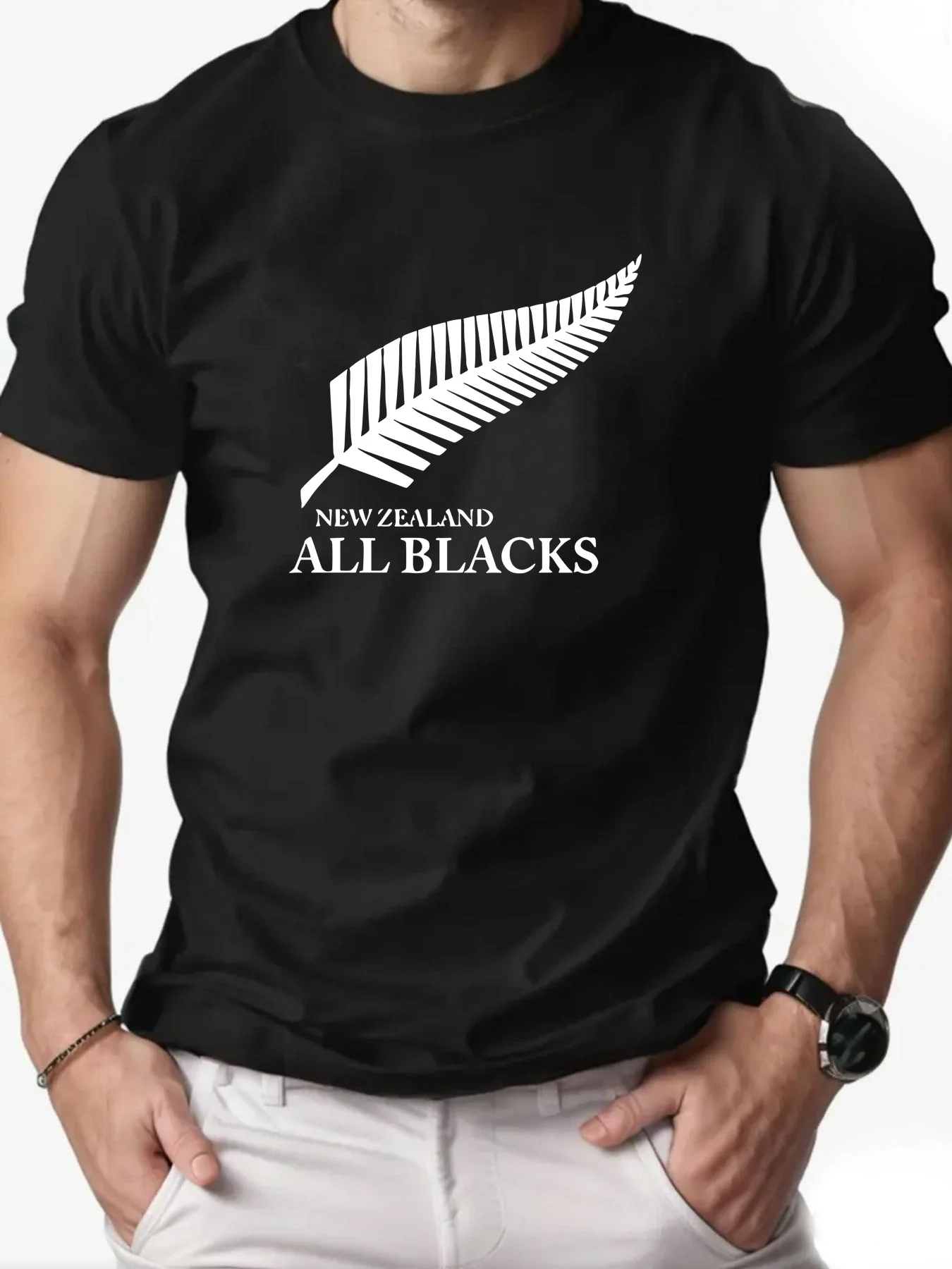 

Men'S Cotton T Shirt with New Zealand All Blacks Feather Design Casual Crew Neck Regular Fit Slight Stretch Knit Fabric