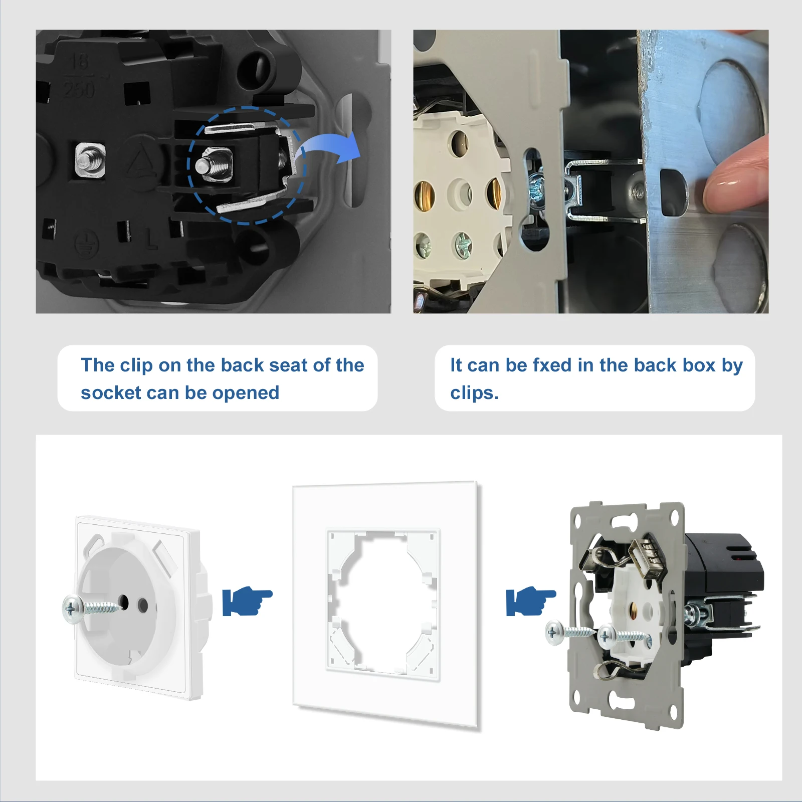 Bseed EU Russia Standard Wall Socket Module USB Type-C Outlet Ports 5V 2.1A Crystal Glass Panel Frame White DIY Parts