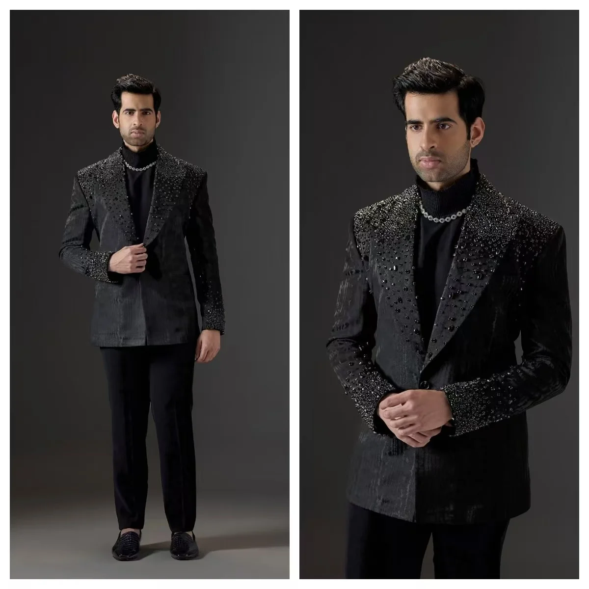 

Black Men Suit Set 2 Piece Blazer+Pants Trousers Luxury Stone Crystals Customized Formal Office Jacket Groom Wedding Tuxedo Coat