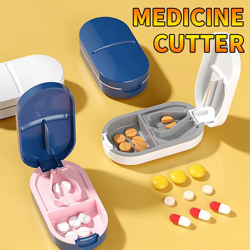 Portable Pill Splitter -2-in-1 Pill Box with Stainless Steel Blade - Suitable for Vitamin Tablets - Cutting Pills 1/2, 1/4 with