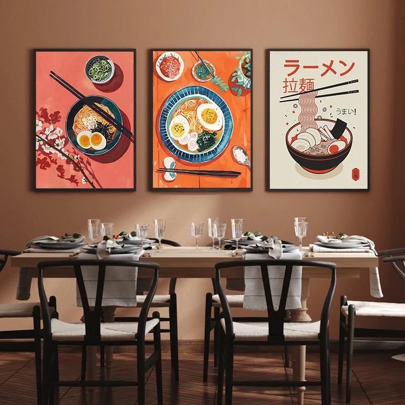 Abstract Japanese Flat Style Delicious Lamian Noodles Food Art Poster Canvas Printing Restaurant Noodle Wall Decorative Painting