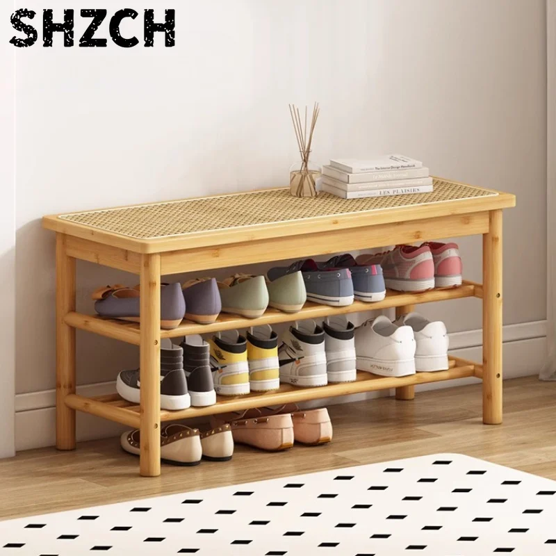 Solid Wood Woven Rattan Seat Multi-Tier Entryway Shoe Bench Durable Shoe Rack for Home Porch Space Saving Storage Stool