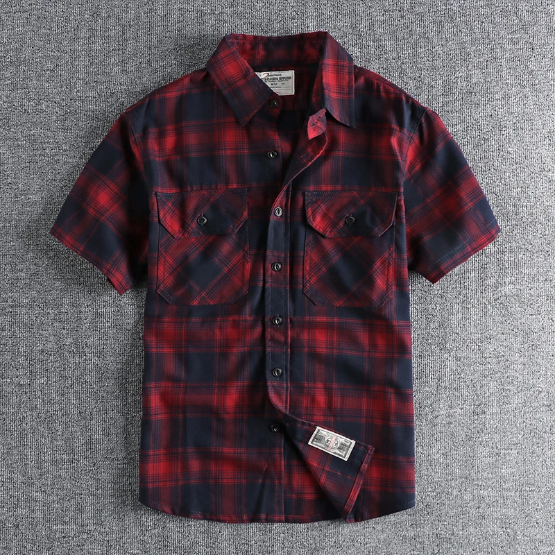 Summer New American Retro Thin Twill Classic Cargo Plaid Shirt Men\'s Fashion Short Sleeve Lapel Double Pocket Casual Blouses