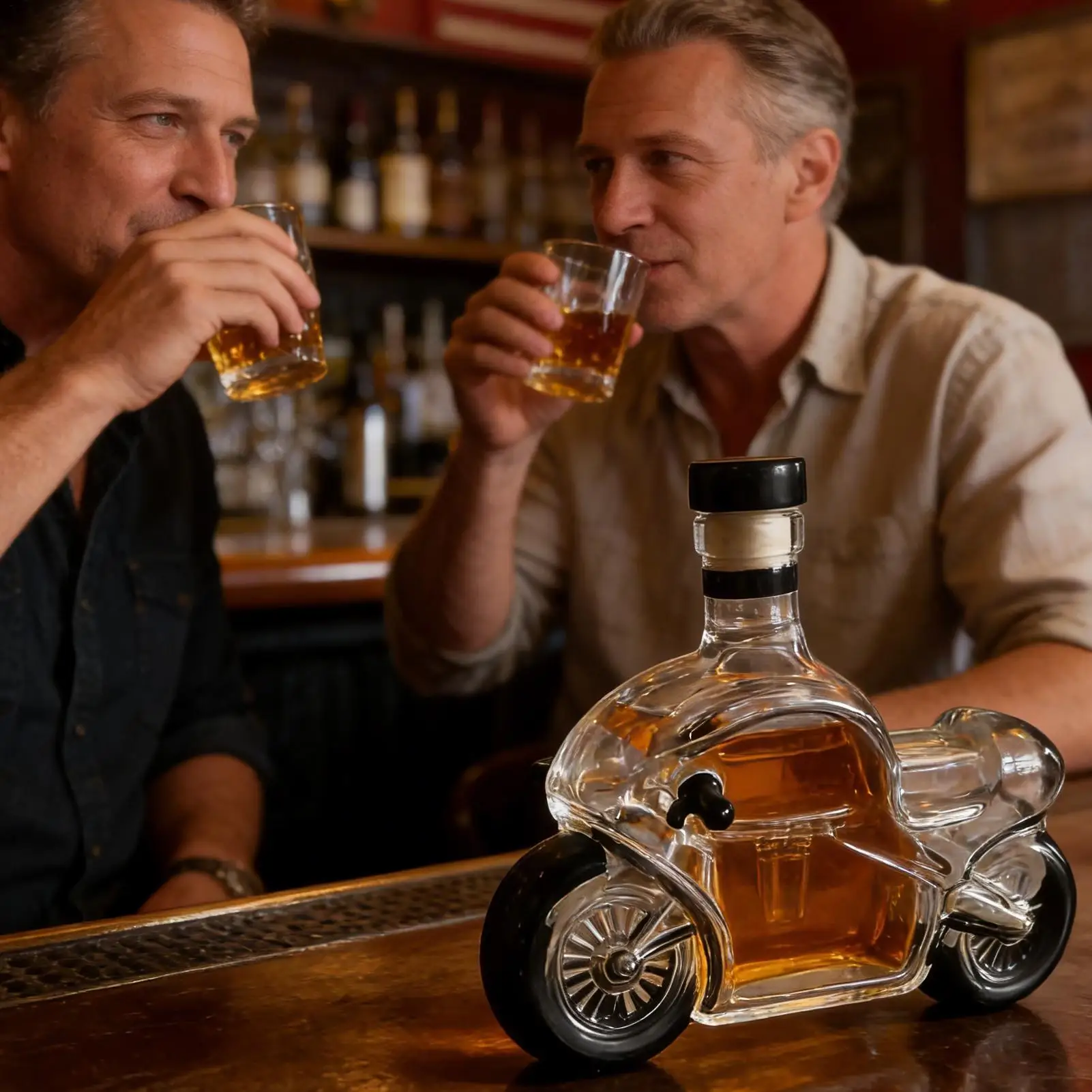 Glass Whiskey Bottle 300ml Motorcycle Alcohol Container Glass Alcohol Decanter For Bartenders Collectors Display Cabinet Party