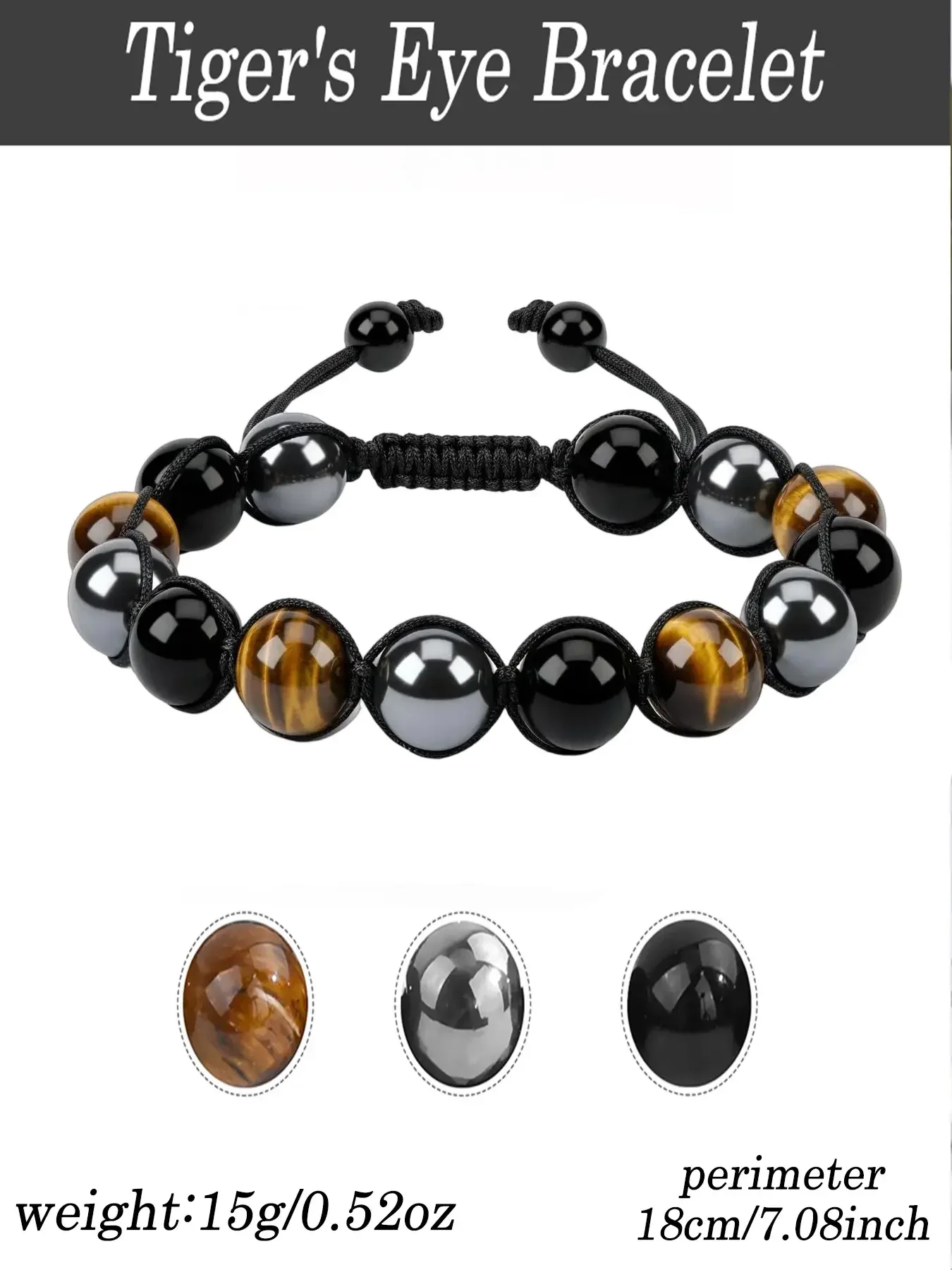 Unisex Triple Protection Handcrafted 10mm Beaded Adjustable Bracelet - Tiger‘s Eye & Black Stone Bracelet, Beaded bracelets, Father’s Day Graduation Christmas Gift Bracelet for Son, Dad, Boyfriend, Brother, Balancing Protective Bracelet
