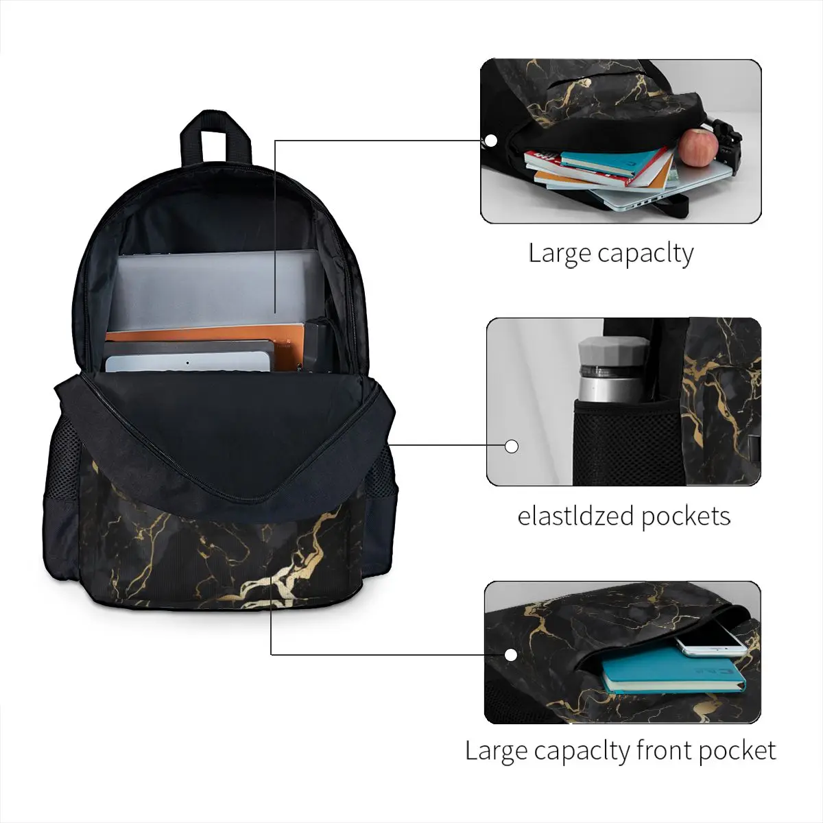Classic Black And Gold Marble Backpack Hot Sale Daypack Large Capacity Boys Girls BookBag School Bag Shoulder Bags for Men Women view 3