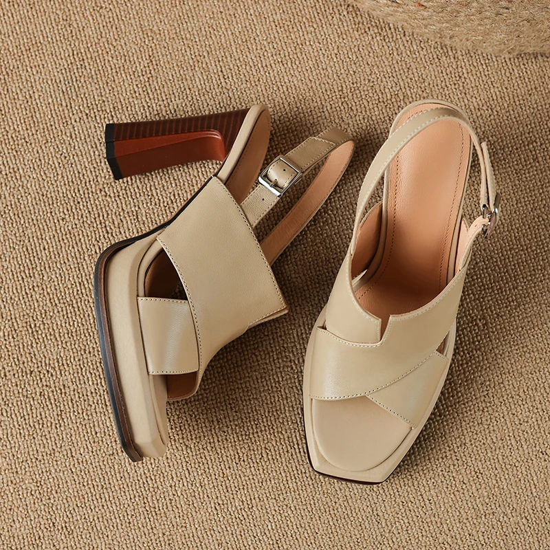 【JOCHEBED HU】Handmade Genuine Leather Summer One-button Thick Open Toe Sexy Professional High Heels Temperament Female Sandals