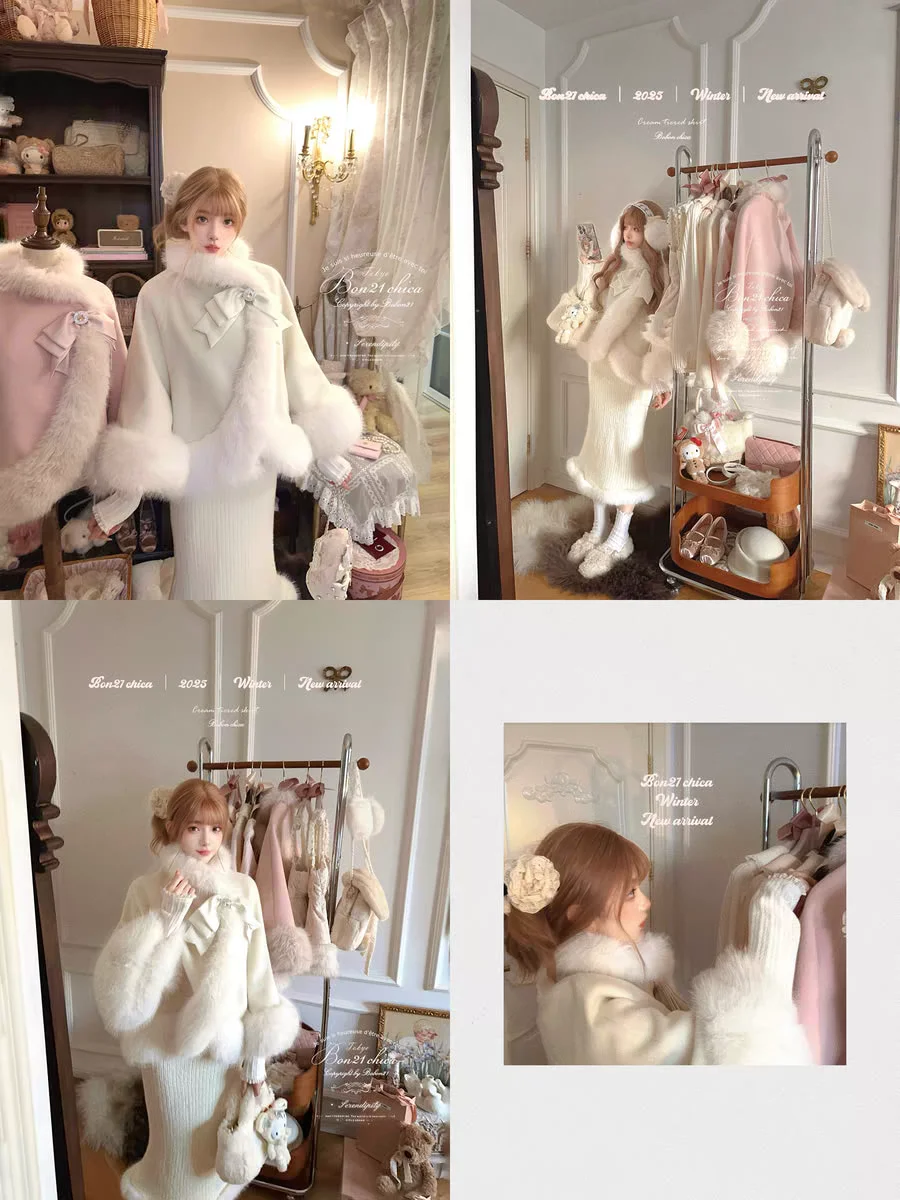 Princess sweet lolita cloak bobon21 bow Thick imitation fox fur woolen cloak C2432
