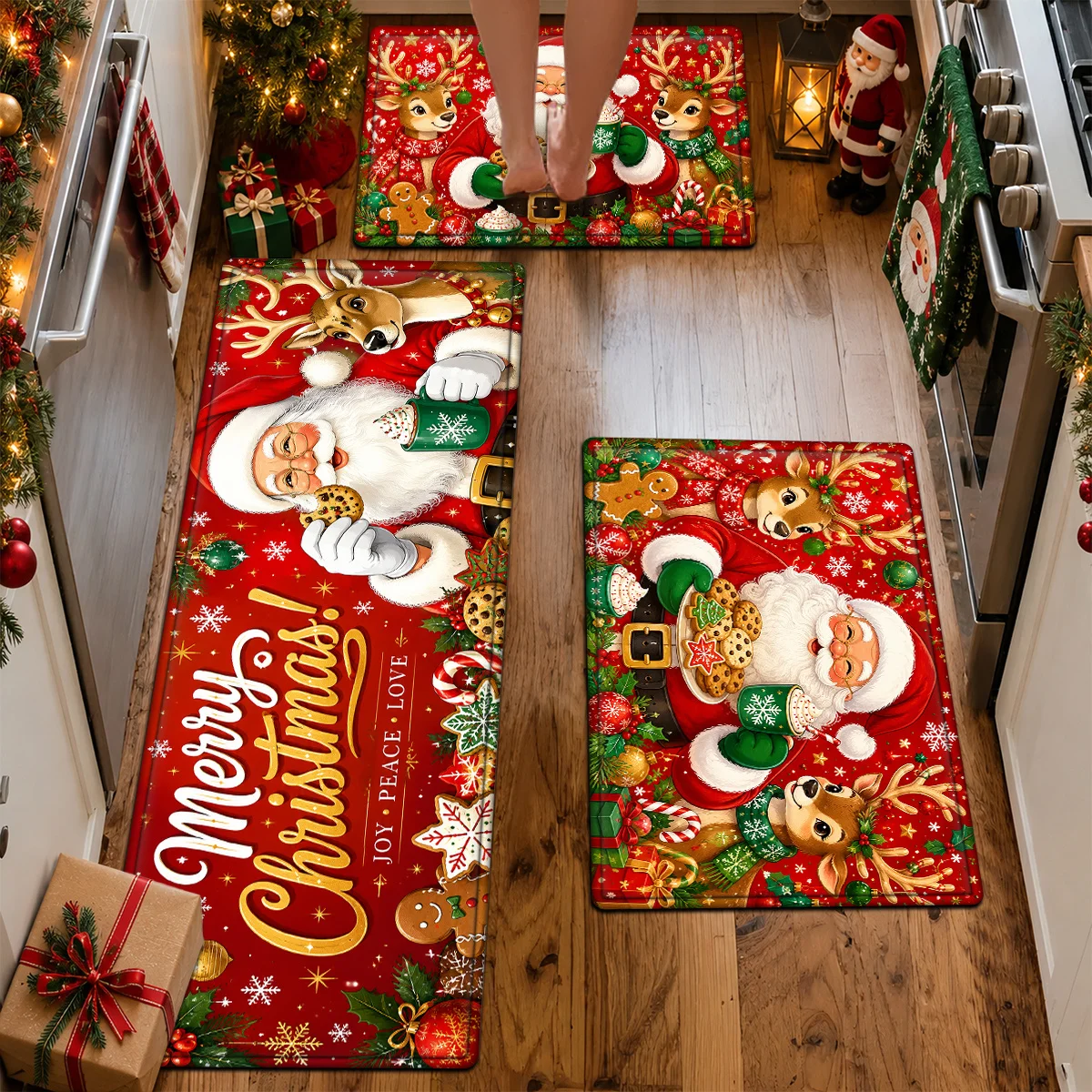 Christmas Kitchen Rugs Set Snowman Santa Xmas Print Non Slip Mat 1/2/3Pcs Options Washable Holiday Home Floor Decor