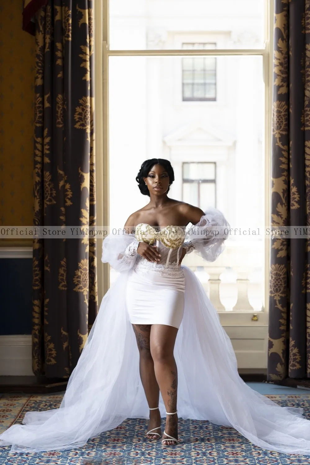 Vestido de novia de manga larga con hombros descubiertos, corpiño de ilusión de cuentas, cremallera en la espalda, blanco, África, boda