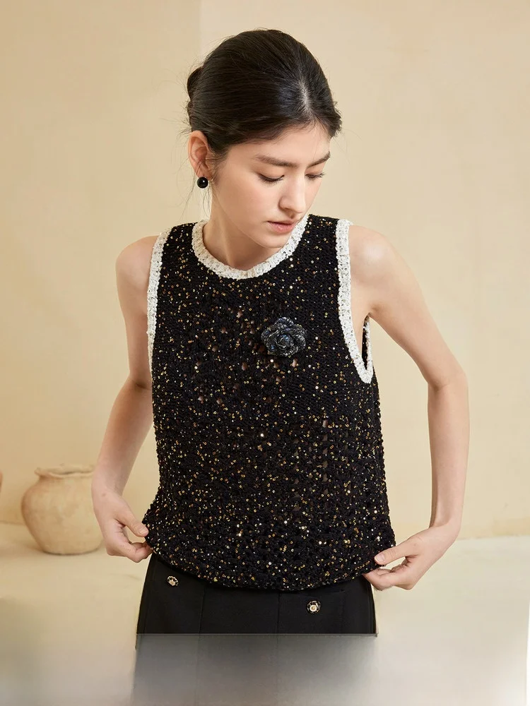 

Модный вязаный жилет из хлопковой пряжи с бусинами, женский летний топ с круглым вырезом и звездным узором в стиле колор-блок