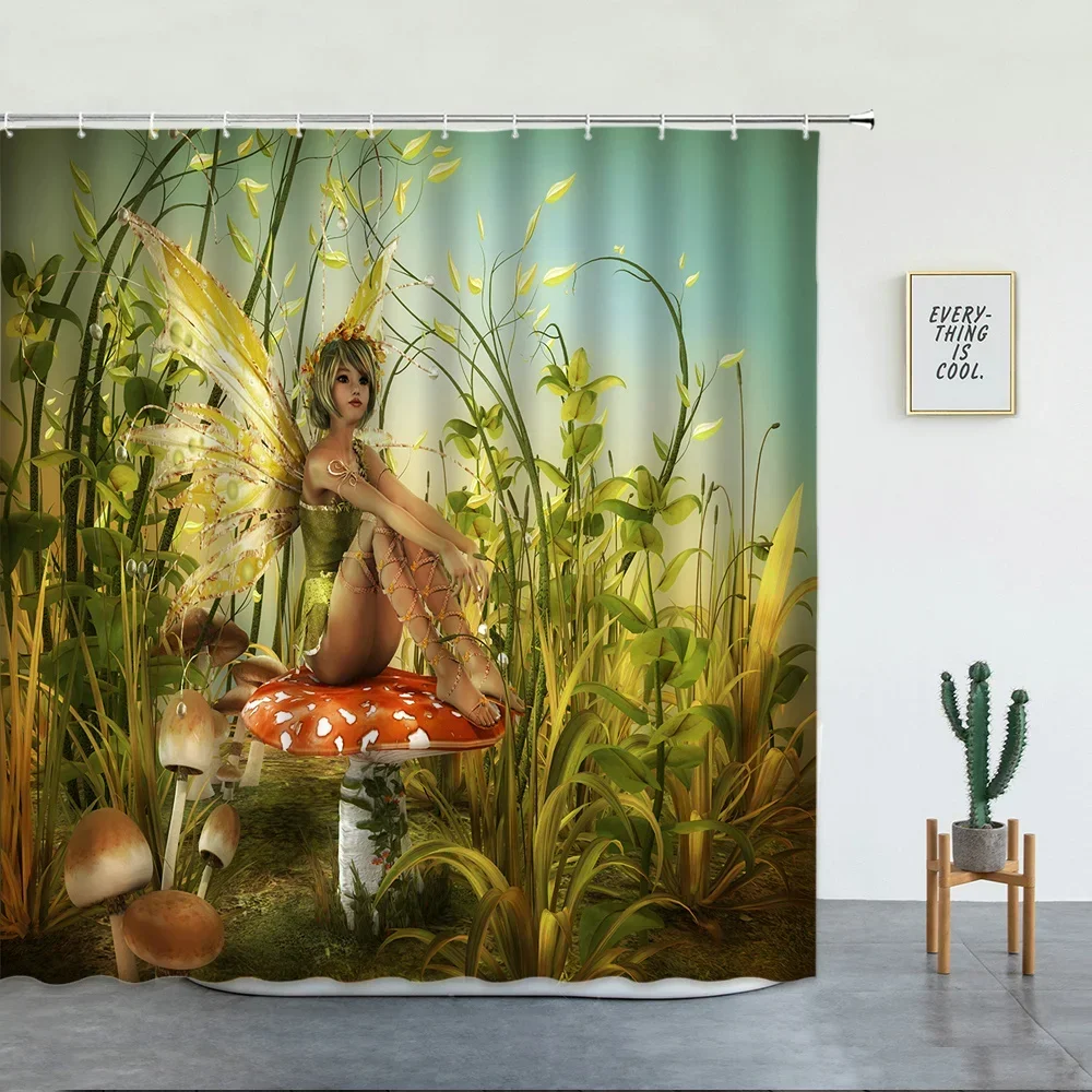 Beautiful Wing Elves Girl Shower Curtain Set Fantasy Enchanted Forest Home Bathroom Decor Mushroom Flower Plant Hanging Curtains