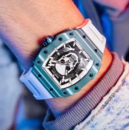 

BONEST GATTI Men Automatic Watch Tonneau Mechanical Wristwatch Luminous Carbon Fiber Case Sapphire Mirror Skull Dial FKM Strap