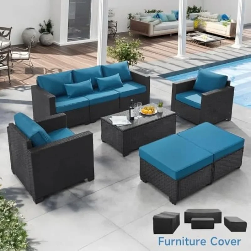 

6 Pieces Patio Furniture Set with Furniture Cover, PE Rattan Wicker Conversation Tea Table, Peacock Blue Color