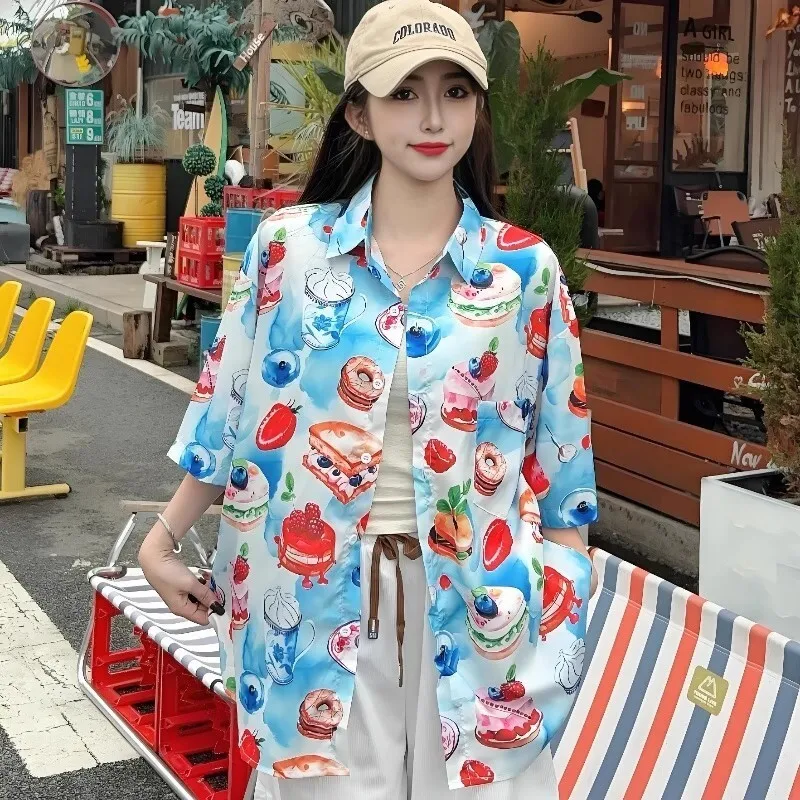 

2025 Summer New Style Cute Hawaiian Short Sleeve Blouse Women Vacation Clothes Dessert Cake Full Print Kawaii Blusas Tops