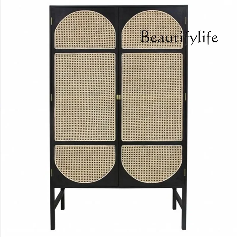 

Nordic Minimalism Solid Wood Rattan Wardrobe Bedroom and Household Small Apartment Modern Minimalist Double-Door Closet