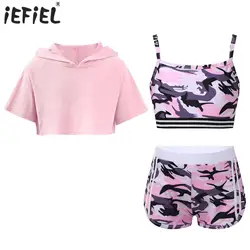 Kids Girls Sports Outfits Gymnastics Workout Fitness Tracksuit Camouflage Camisole Shorts Hooded Crop Top Ballet Dance Sets