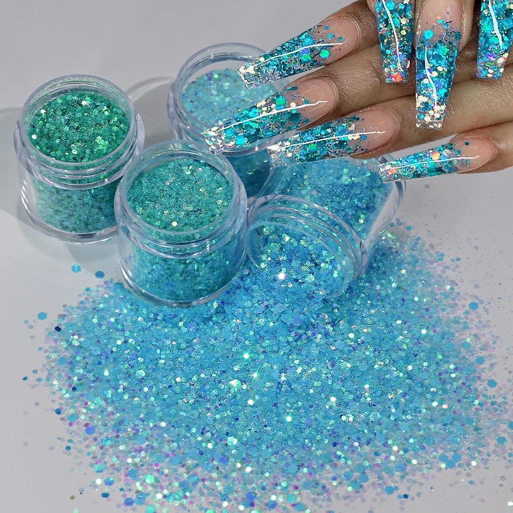 4Color Chunky Holographic Glitter Nail Art Sequins Blue Mixed Hexagon Shape Mermaid Nails Sequins For Body Nail Face Hair Making
