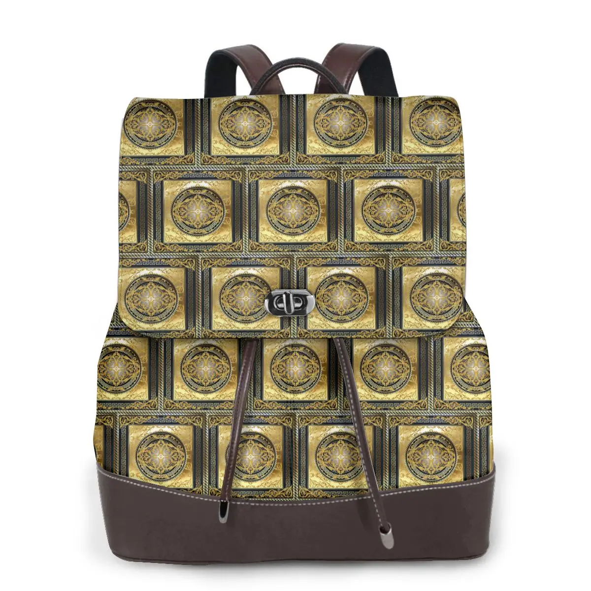 Queen Of Absolutely Everything Gold Baroque Women Soft Leather Backpack Multi Pockets Work Travel Ladies Casual Rucksack