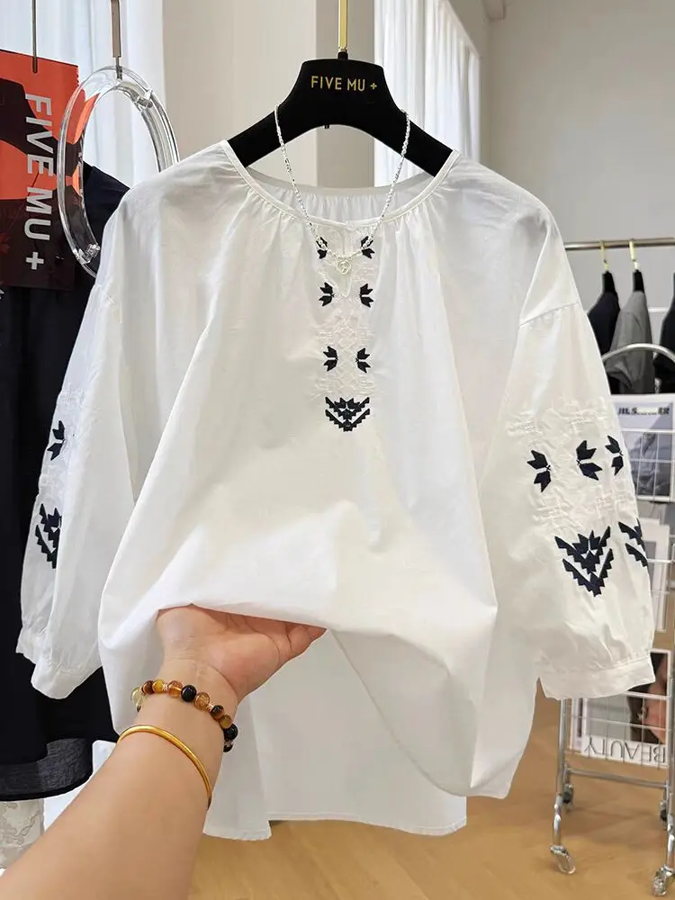 Embroidery Breathable Soft Cotton Linen Shirt Tops 2026 Summer Women's Casual Loose Thin Tops Korean Fashion Clothes J250
