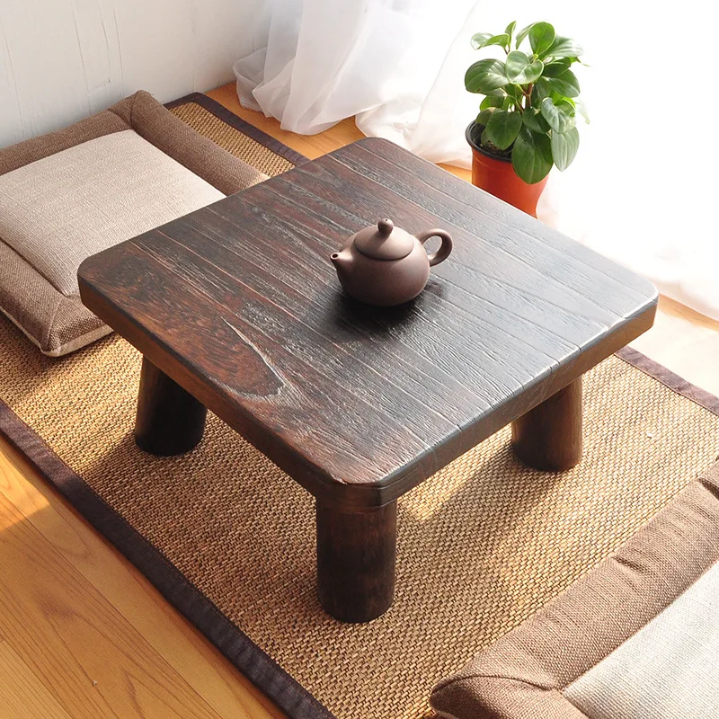 Japanese style roasted tung wood small square table, minimalist tatami, bay window mall cow table, solid w