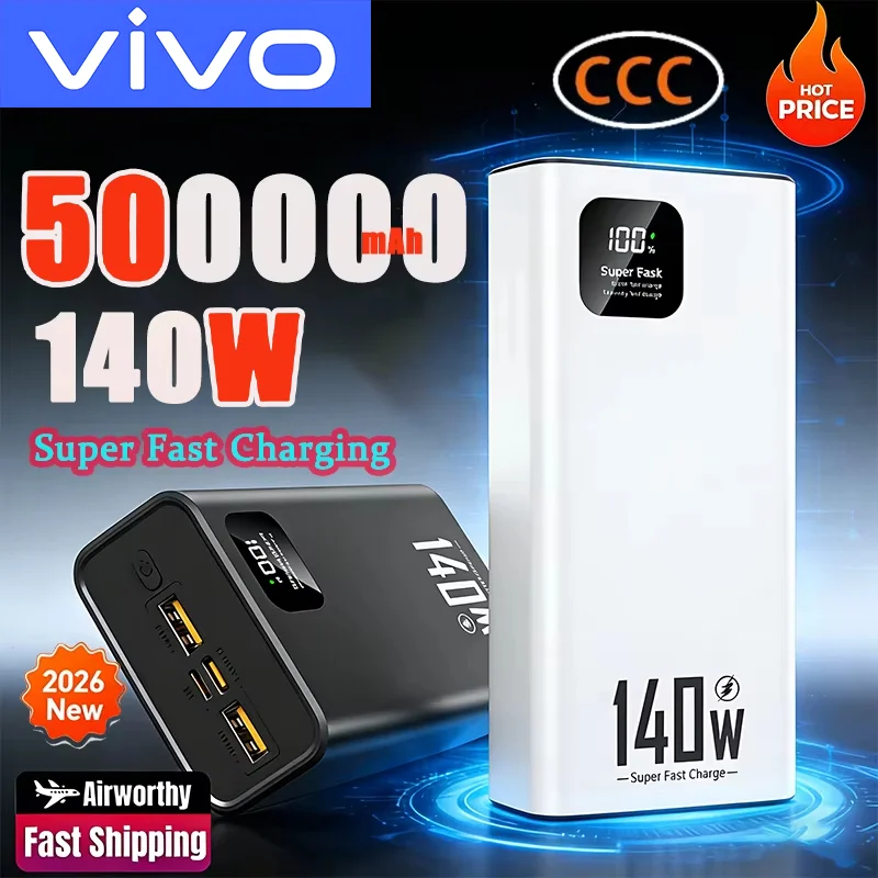 

Внешний аккумулятор VIVO 140W Super Fast Charging 500000 мАч, сверхбольшой емкости, портативный, с цифровым дисплеем, НОВИНКА 2026 года